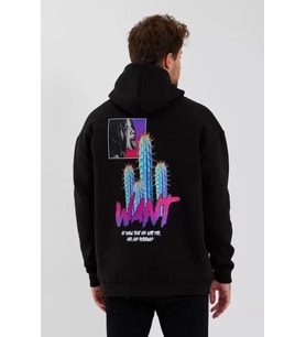 Erkek Baskılı Üç İplik Kapüşonlu Oversize Sweatshirt - Siyah
