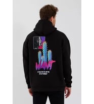 Erkek Baskılı Üç İplik Kapüşonlu Oversize Sweatshirt - Siyah