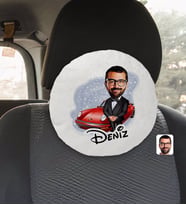 BK Gift Kişiye Özel İsimli Erkek Patron Karikatürlü Yuvarlak Araç Koltuk Yastığı-1