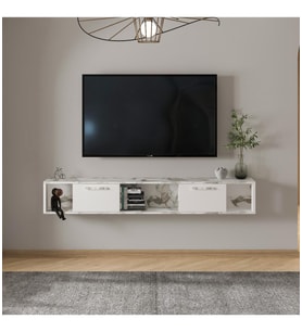 T006 Viero Mermer Desenli Duvara Monte TV Ünitesi – 160 cm, Kapaklı Raflı (Beyaz-Mermer)