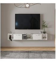 T006 Viero Mermer Desenli Duvara Monte TV Ünitesi – 160 cm, Kapaklı Raflı (Beyaz-Mermer)