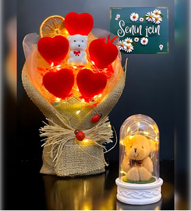 Premium Hediye Seti  Led Işıklı Peluş Ayıcıklı Fanus ve Led Işıklı Kırmızı Kalp Buketi
