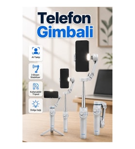 AI Takipli 3 Eksen Telefon Gimbali – Katlanabilir Tripod ve Dahili Dolgu Işıklı Stabilizer