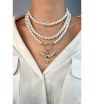 Gold Anka Kuşu Üçlü İnci Kolye - Beyaz