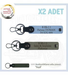 Motosiklet Aşıkları İçin İsim Plaka ve B Rh (-) Kan Grubu Yazılı x2 Anahtarlık Set, Kül Gri-Mavi-Ysl (Çok Renkli)