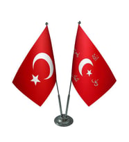 Masa Üstü İttihat ve Terakki Bayrağı Türk Bayrağı İkili Krom Direk Masa Bayrak Seti