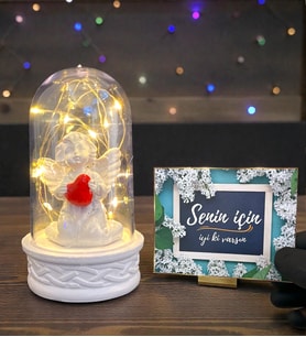 Özel Led Işıklı Tasarım Fanus ve Senin İçin İyi Ki Varsın Kartı Hediye Seti (Model 2)