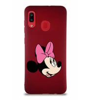 Samsung Galaxy A20 Soft Premier Kapak Minnie Mouse-A Tasarımlı Silikon Kılıf - Mürdüm (Şeffaf)