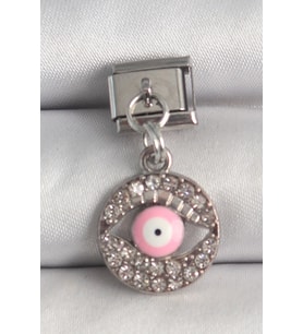 316L Çelik Gümüş Renk Sallantı Zirkon Taşlı Pembe Göz Model Nomination Charm - SSSSSS3878-3