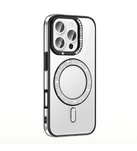 iPhone 16 Pro Max Kılıf Pırlanta Taş Tasarımlı M-safe Şarj Özellikli Karetta Silikon Kılıf (Siyah)