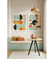 Modern Geometrik Tasarım ve Renk Blokları 2’li Ahşap Çerçeveli Tablo Seti