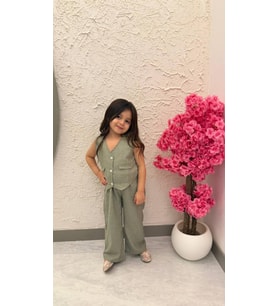 Keten Simli Kumaş Kız Çocuk Yelekli Takım - 3/10 Yaş - 31737