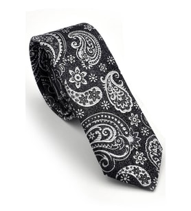 Beyaz Şal Desenli Siyah Dokuma Kumaş Mendilli Slim Fit Kravat  / SDK-230206 (Renksiz)