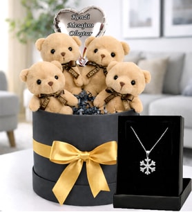 Kişiye Özel Ayıcık Buketi 4’lü Kahverengi Love Ayıcık Hediye Kutusu, Kendi Mesajını Oluştur Balon & Kar Tanesi Kolye Seti (Gold Fiyonklu)