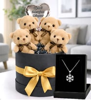 Kişiye Özel Ayıcık Buketi 4’lü Kahverengi Love Ayıcık Hediye Kutusu, Kendi Mesajını Oluştur Balon & Kar Tanesi Kolye Seti (Gold Fiyonklu)