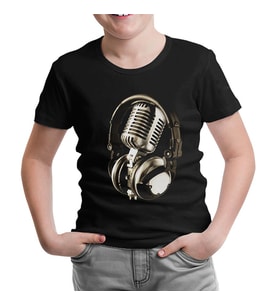 Microphone & Headphone Siyah Çocuk Tshirt