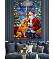 Noel Baba Köpeğiyle Birlikte Oturuyor Dekoratif Kanvas - Mdf Ahşap Tablo