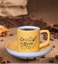 BK Gift Kişiye Özel Kaligrafi Tasarımlı Mat Sarı Renk Türk Kahvesi Fincanı-1, Renkli Türk Kahvesi Fincanı