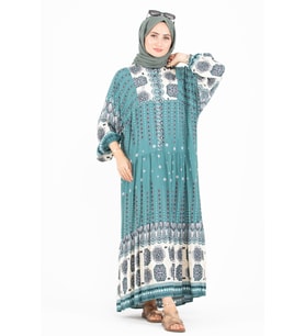 Karışık Desenli Viscon Elbise-Mint yeşili
