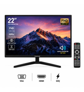 MN6 IRN-Q22WS 22 İnç Full HD 60Hz Çok Amaçlı LED Monitör, HDMI, VGA, RCA AV ve USB Girişli, Kumandalı