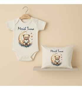 Pia Baby Premium %100 Pamuk İsme Özel Organik Baskılı Çıtçıtlı Bebek Body Ve Yastık Kılıfı 5082-19 (Ekru)