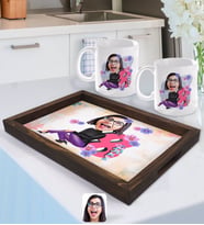 BK Gift Kişiye Özel Kadınlar Günü Karikatürlü Doğal Ahşap Tepsi ve 2’li Kupa Bardak Seti-1
