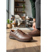Enoch Hakiki Deri Kahverengi Dikiş Detaylı Erkek Sneaker Ayakkabı Ortopedik Taban