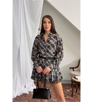 kadın siyah gömlek yaka kat kat ekose desen mini etekli takım NBNP025