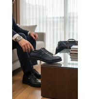 Enoch Hakiki Deri Lacivert Detaylı Erkek Sneaker Ayakkabı Ortopedik Taban