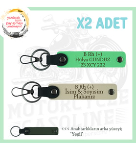 Motorcu Tarzı Plakalı & İsimli Deri x2' li Anahtarlık, B Rh (+) Kan Grubu ile, S Kahve-F Yeşil-Ysl