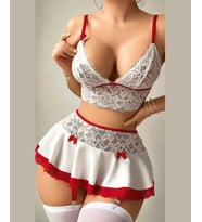 Jessica Bella Kırmızı Beyaz Dantelli Jartiyerli Kurdeleli Etek String Takım-0145