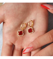 925 Ayar Gümüş Kırmızı Küpe, Yonca Gümüş Sallantılı Küpe Gümüş Taşlı Küpe, Elbise Küpesi (Gold)