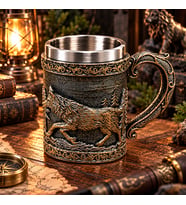 Kurt Figürlü 3D Kabartmalı Kupa Bardak Paslanmaz Çelik İç Hazneli Eskitme Bronz Özel Tasarım