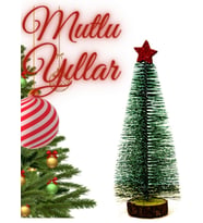 Yıldızlı Masaüstü Çam ağacı - 25 cm, Karlı  Kütük Üzeri Mini Çam Ağacı (Yeşil)