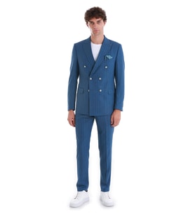 Mavi Slim Fit Çizgili Kruvaze Takım Elbise