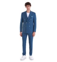 Mavi Slim Fit Çizgili Kruvaze Takım Elbise