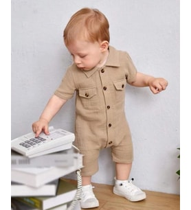 Unisex Bebek&Çocuk %100 Pamuklu Tahta Düğmeli Cepli Müslin Tulum-Bej