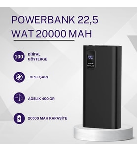 TRAVEL 20000 mAh Powerbank – 22.5W Hızlı Şarj, Mobil Cihazlar İçin Yüksek Performanslı Şarj Cihazı