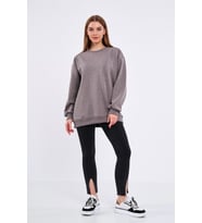 Kahve Kadın Pamuklu Oversize Basic Bisiklet Yaka Sweatshirt