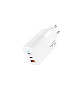65W GaN Hızlı Şarj Adaptörü PD ve Quick Charge Destekli 3 Port Şarj Başlığı (Beyaz)