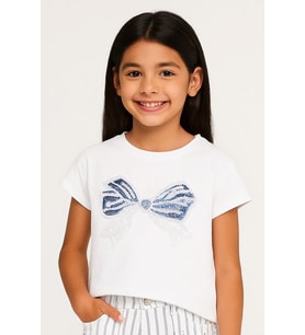 Kız Çocuk İnci Kurdaleli Tshirt Krem