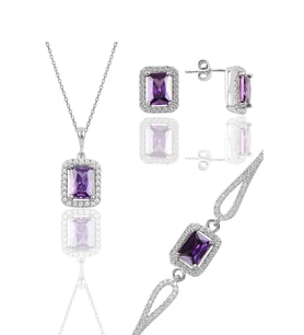 Söğütlü Silver Gümüş rodyumlu ametis taşlı baget kesim üçlü set