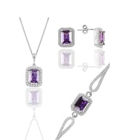 Söğütlü Silver Gümüş rodyumlu ametis taşlı baget kesim üçlü set