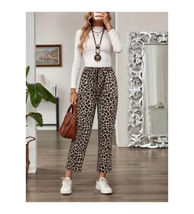Kadın Yüksek Bel Bağcıklı Leopar Desenli Modal Pantolon