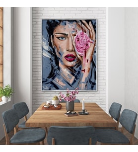 Blue Eyes Pink Rose - Yağlı Boya Dokulu Tablo