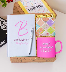 Kişiye Özel Renkli Defter , Pembe Kupa Bardak, Tükenmez Kalem & Hediye Seti