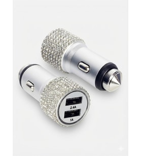 Kristal Taşlı Metal Araç Çakmaklık Şarj Aleti Çift USB-A Girişli Hızlı Şarj 2.4A 12-24v Gümüş