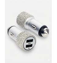 Kristal Taşlı Metal Araç Çakmaklık Şarj Aleti Çift USB-A Girişli Hızlı Şarj 2.4A 12-24v Gümüş