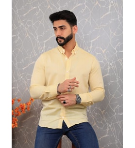 Slim fit Ham Keten Yaka Düğmeli  Erkek Gömlek