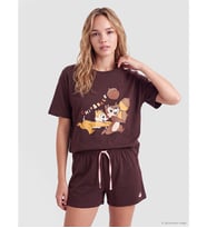 LCW Young Kahverengi Chip And Dale Baskılı Kadın Şortlu Pijama Takımı